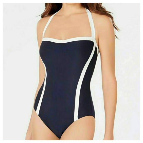 New DKNY Plus Size 16 One Piece Halter Swimsuit Black Whit Shelf Bra Compression - Picture 2 of 14